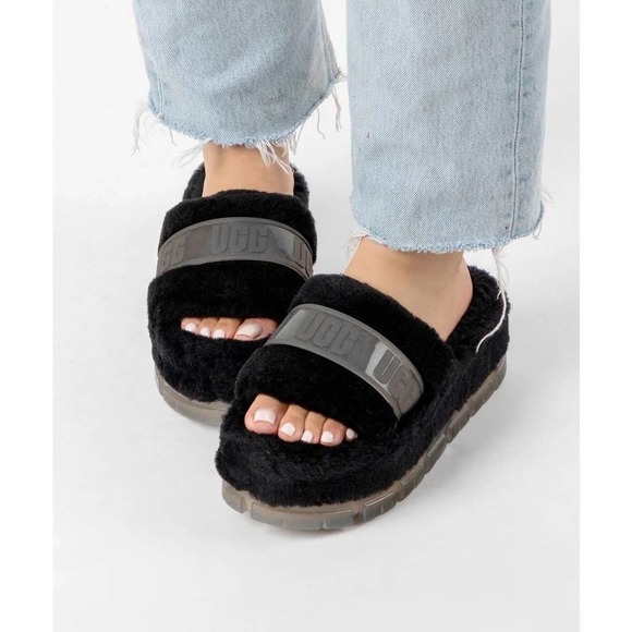 UGG Shoes - NIB UGG Australia Fluffita 9 40 Black Clear Platform Slide Slipper Sandals